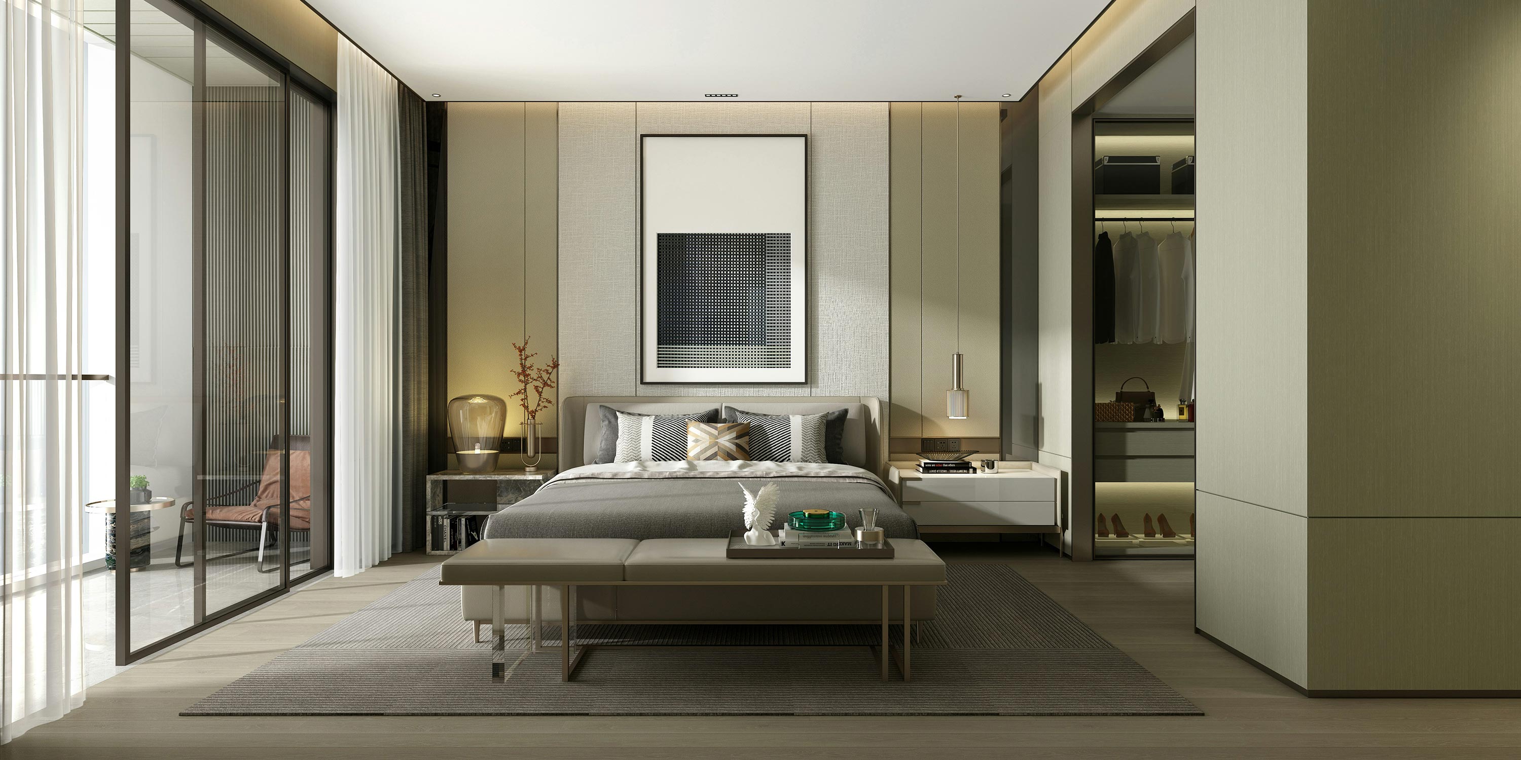 Elegant bedroom with a modern design and soft lighting.