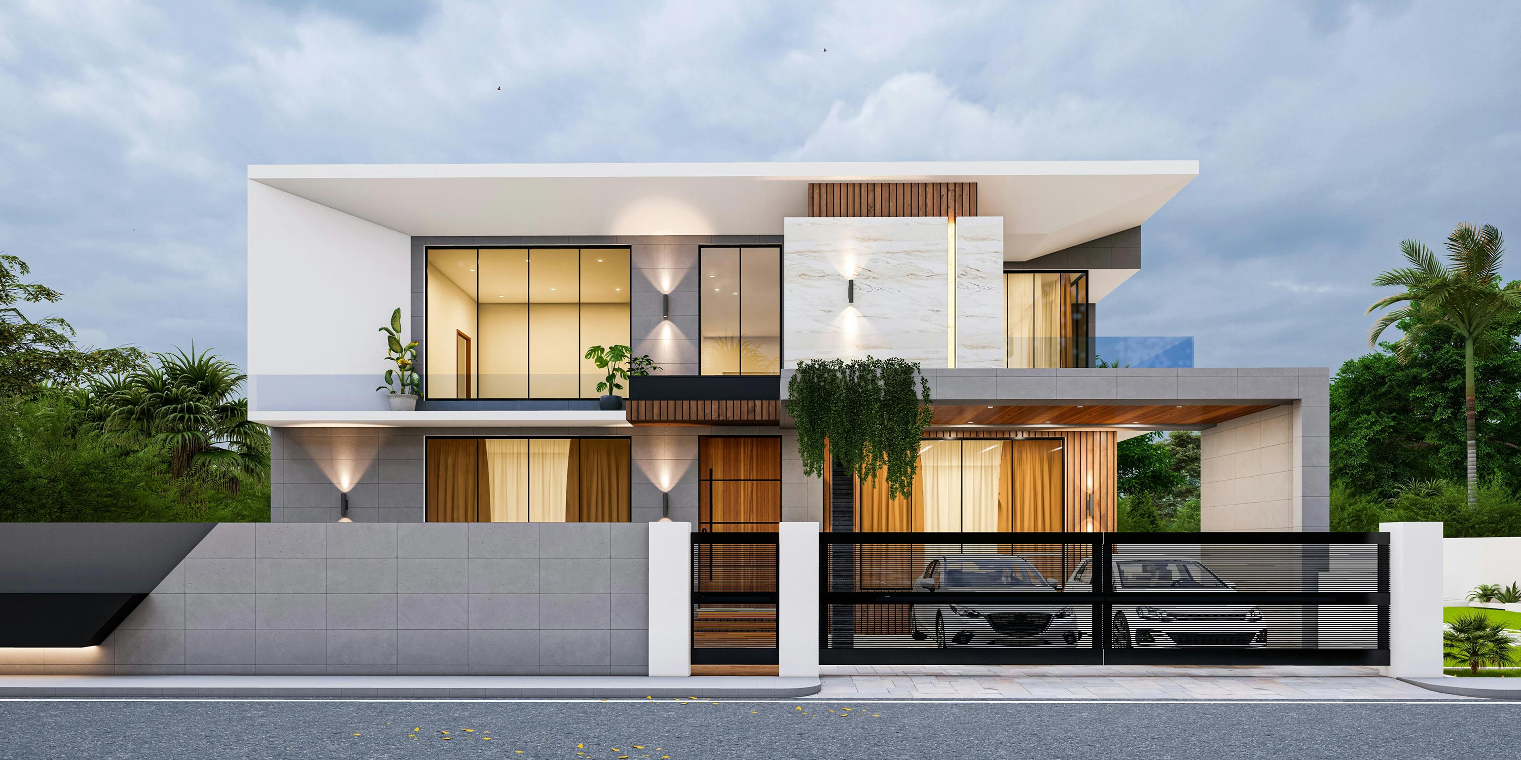 Modern home exterior with large glass windows and gated entry.