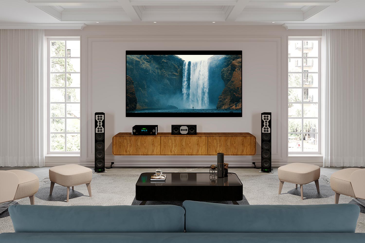 Modern home theater with large screen, surround speakers, and wood console
