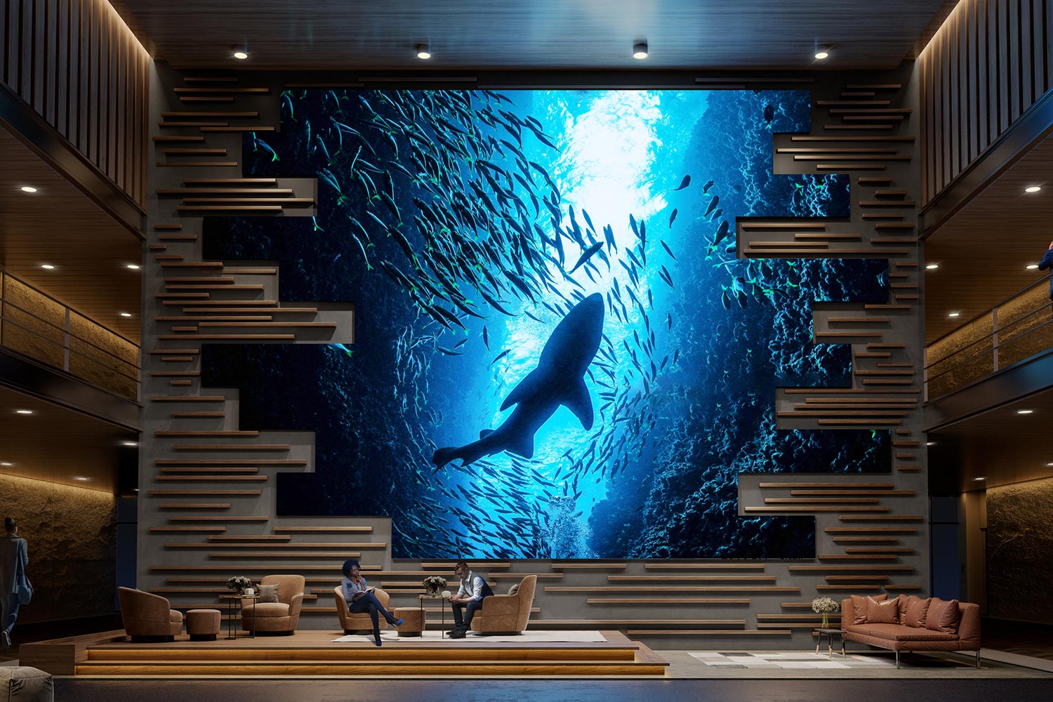 Large digital shark display wall in modern lounge with warm wooden accents