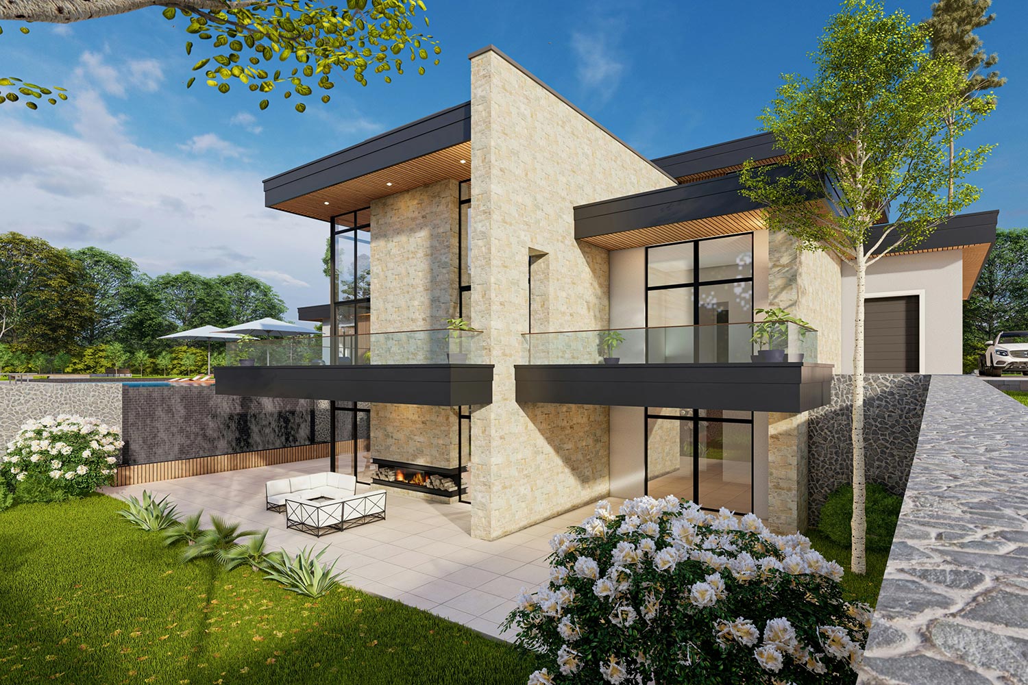 Modern two-story home exterior with stone walls and balcony railings