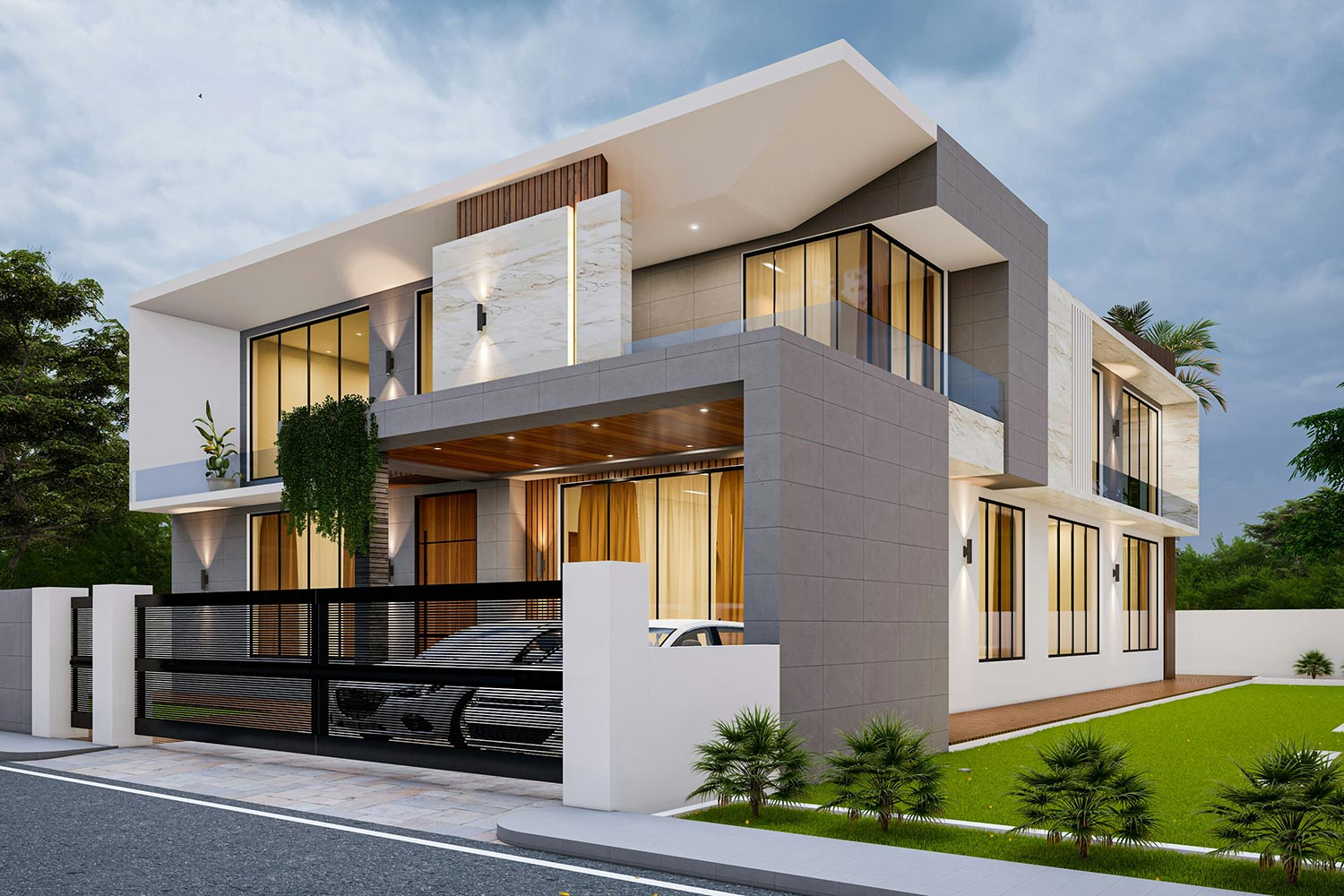 Modern two-story house with glass accents and gated driveway