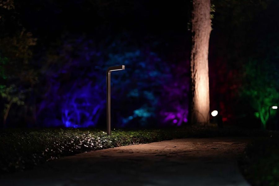 Modern path light with backdrop of trees lit in colorful RGB tones