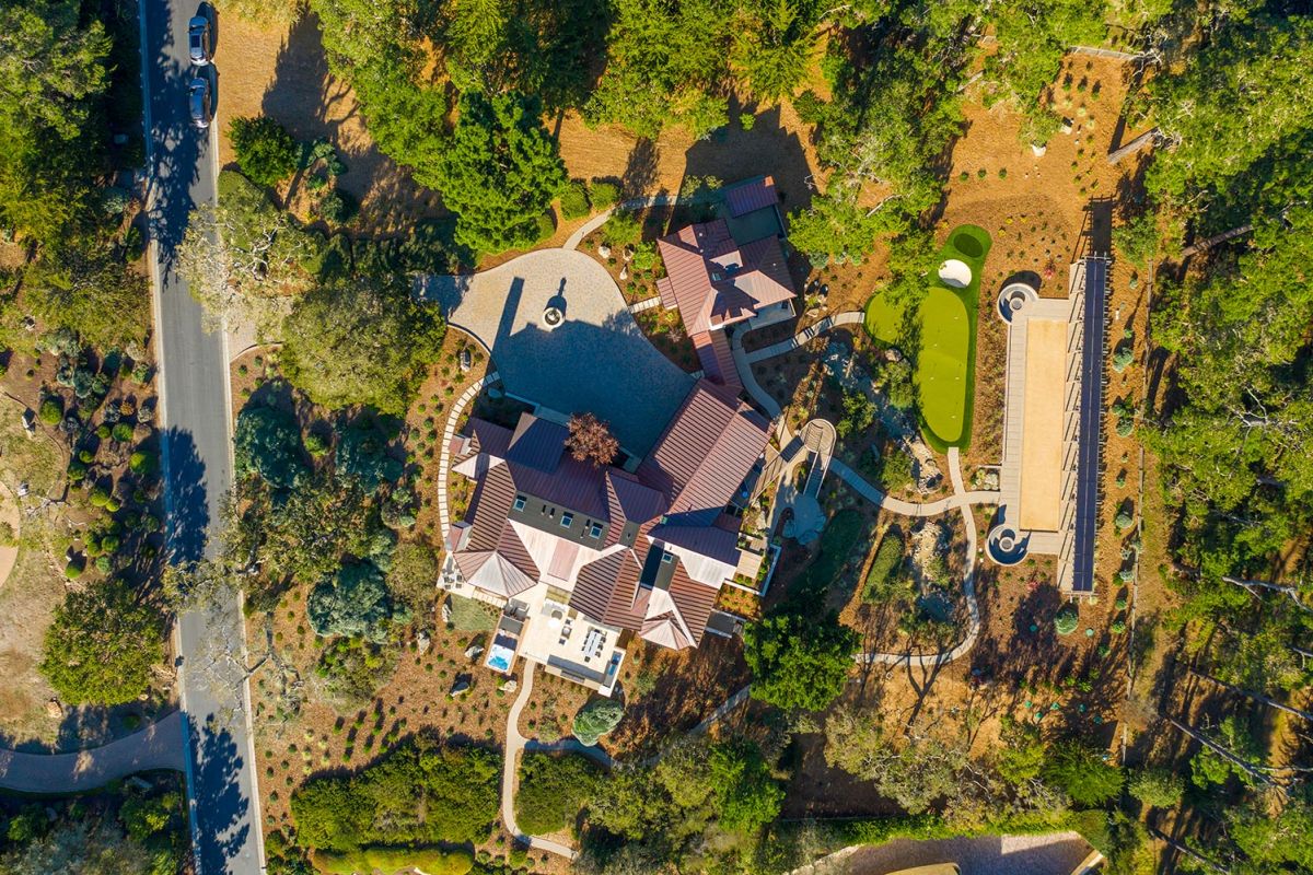 Top-down view of a large estate with walking paths and garden areas