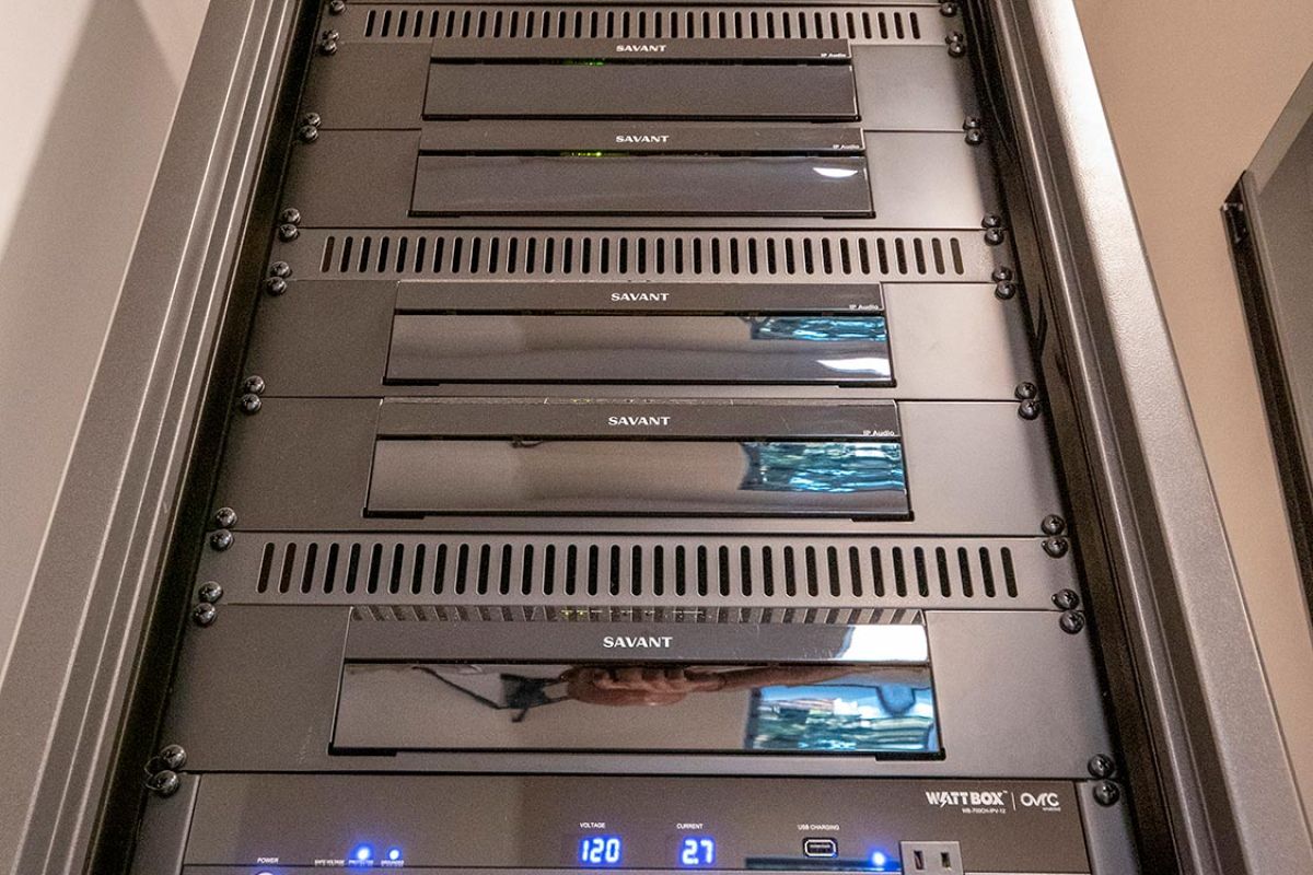 Full vertical view of server rack with electronics and cable management